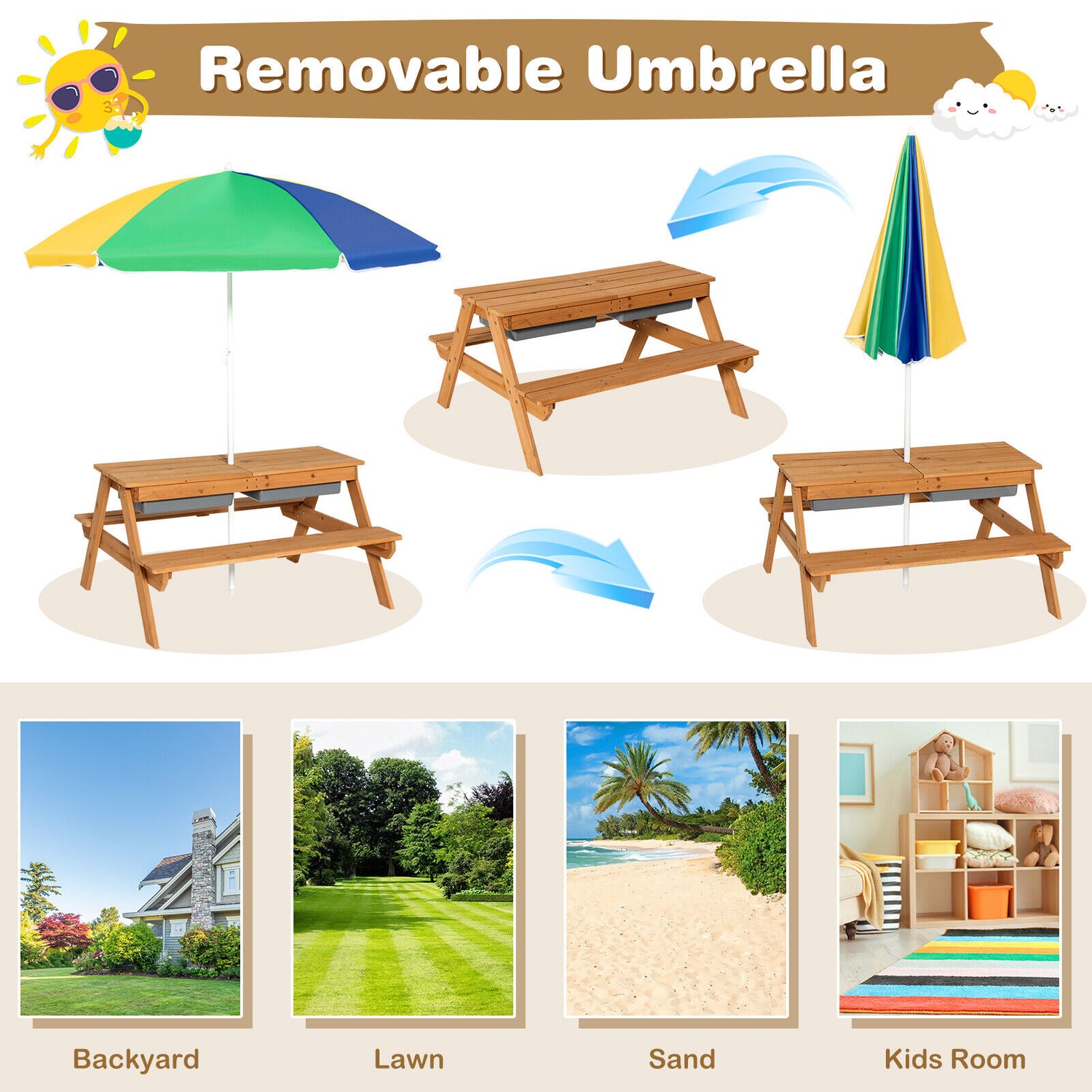 3-in-1 Kids Outdoor Picnic Water Sand Table with Umbrella Play Boxes