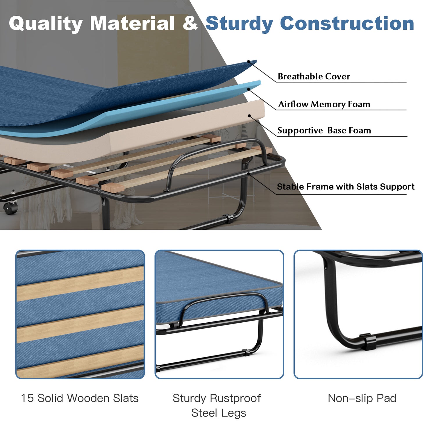 Portable Folding Bed with Memory Foam Mattress and Sturdy Metal Frame Made in Italy