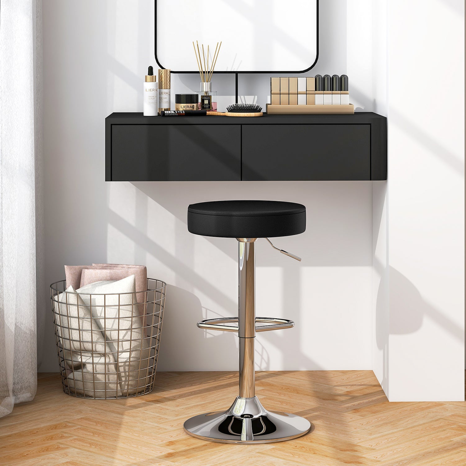 Set of 2 Adjustable Round PU Leather Swivel Barstool with Chrome Footrest