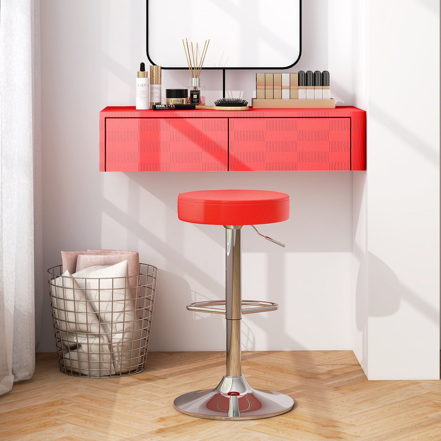 Set of 2 Adjustable Round PU Leather Swivel Barstool with Chrome Footrest