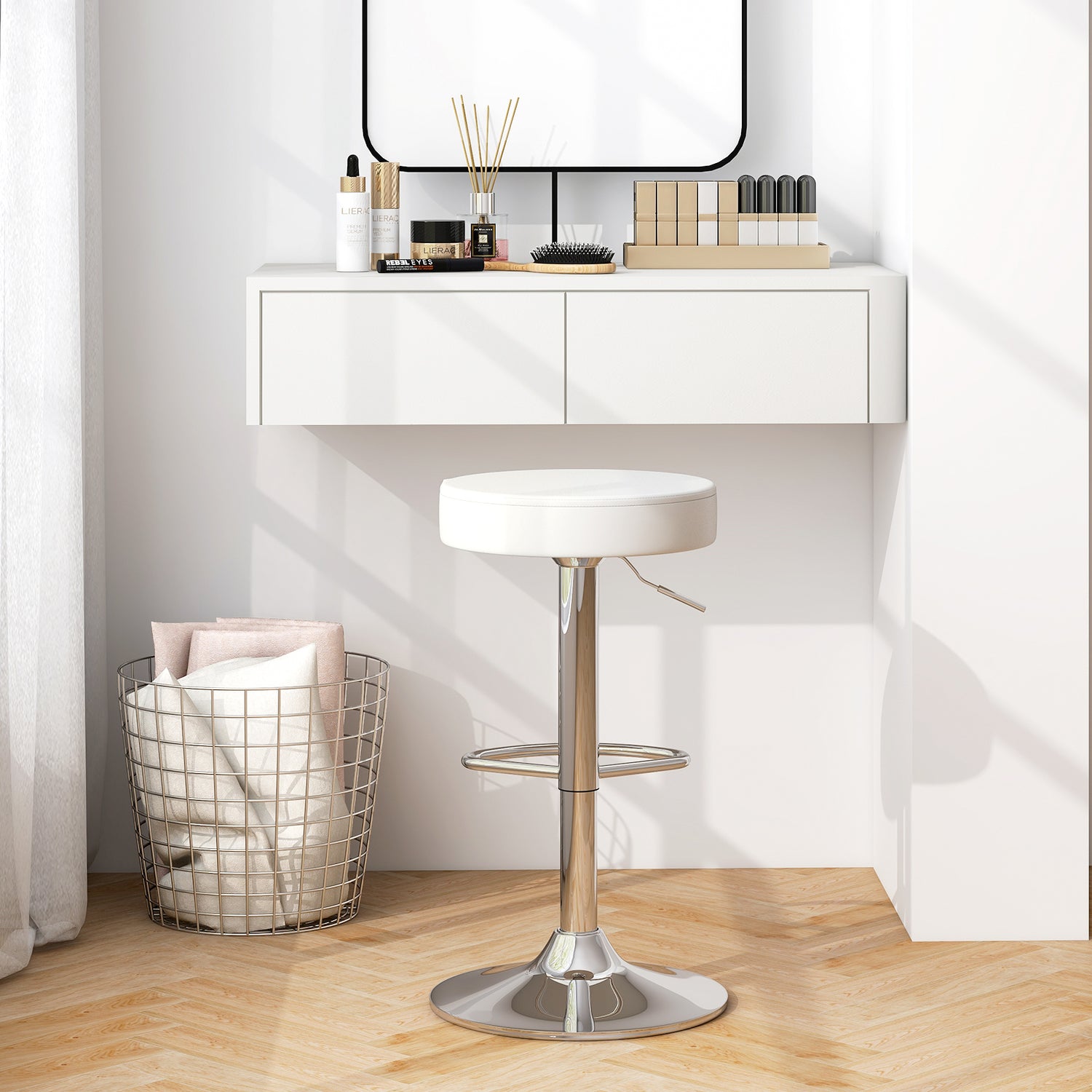 Set of 2 Adjustable Round PU Leather Swivel Barstool with Chrome Footrest