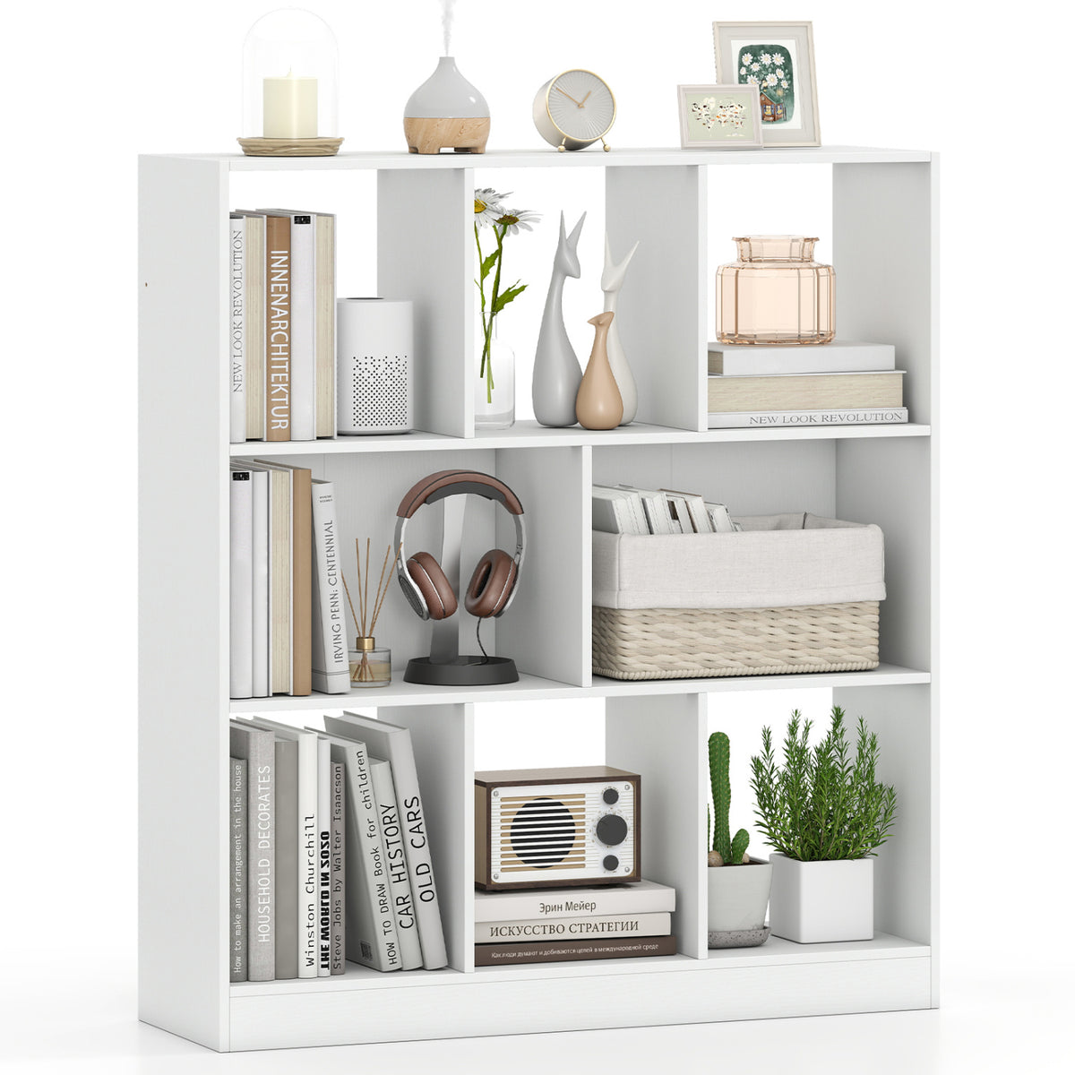 8-Cube Bookcase 3-Tier with 2-Sized Compartments and Anti-Tip Kits for Living Room