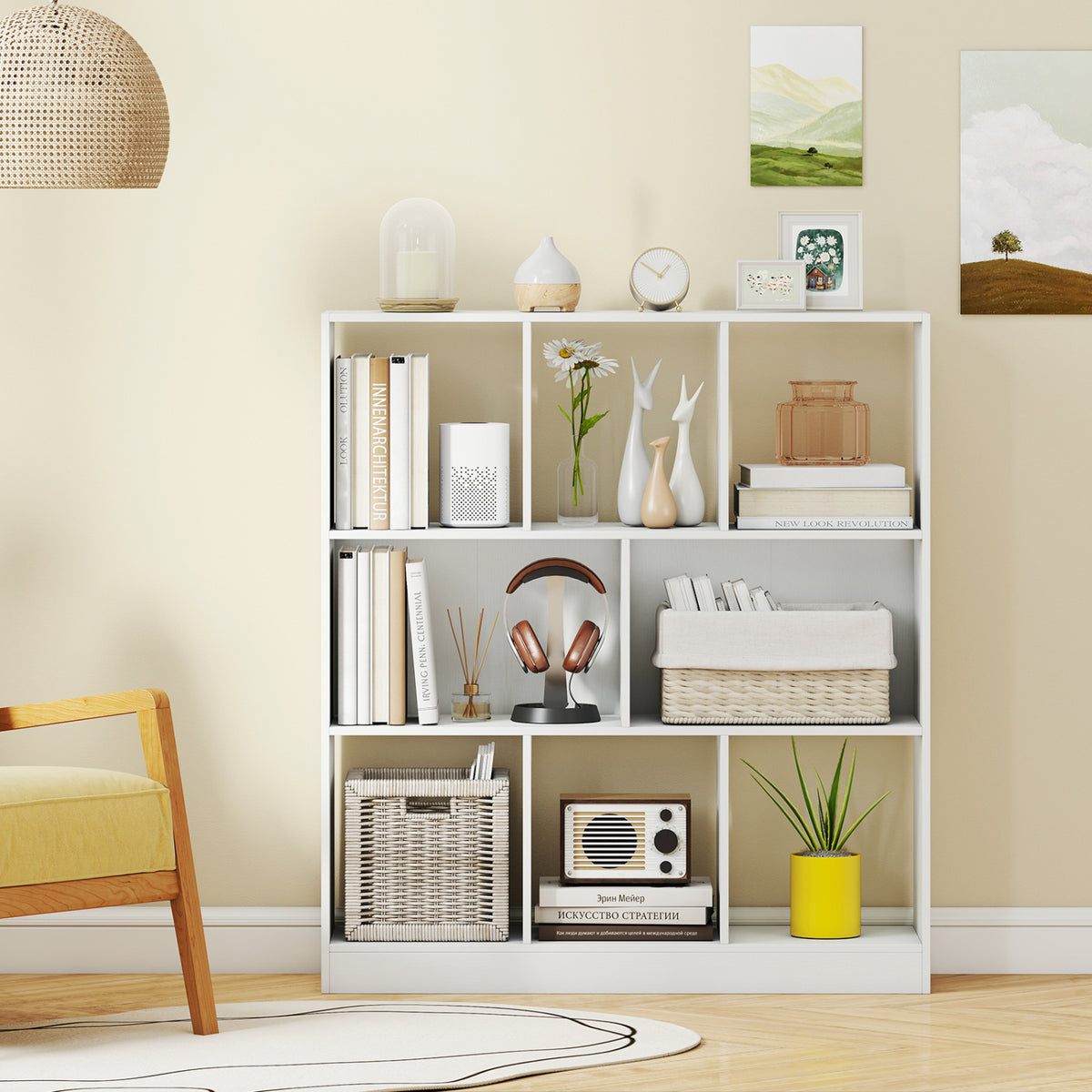 8-Cube Bookcase 3-Tier with 2-Sized Compartments and Anti-Tip Kits for Living Room