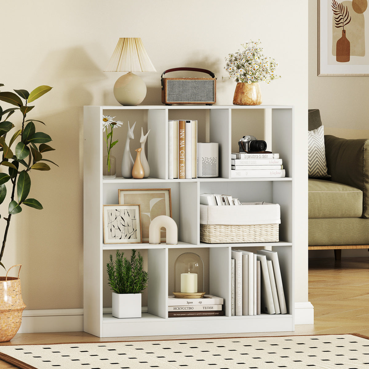 8-Cube Bookcase 3-Tier with 2-Sized Compartments and Anti-Tip Kits for Living Room