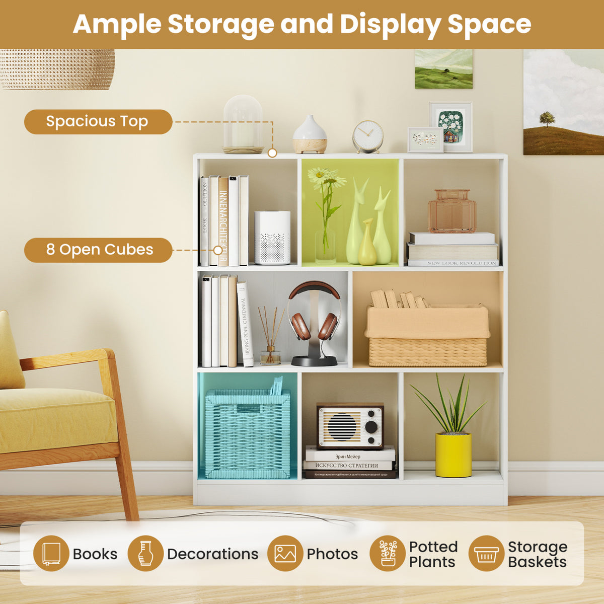 8-Cube Bookcase 3-Tier with 2-Sized Compartments and Anti-Tip Kits for Living Room