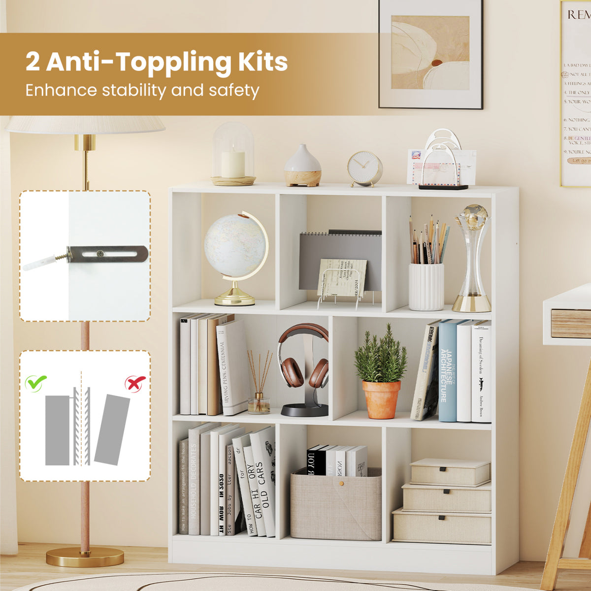 8-Cube Bookcase 3-Tier with 2-Sized Compartments and Anti-Tip Kits for Living Room