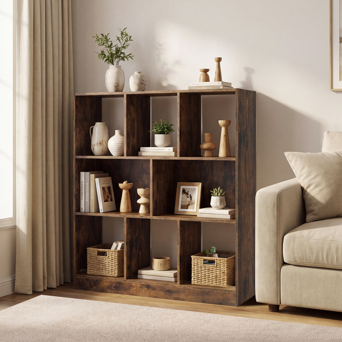 8-Cube Bookcase 3-Tier with 2-Sized Compartments and Anti-Tip Kits for Living Room