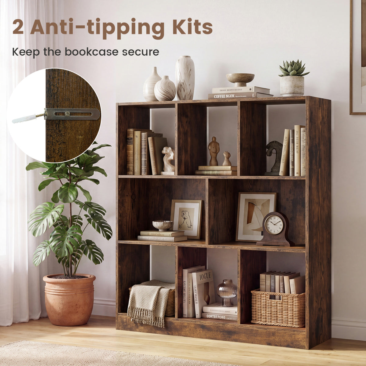8-Cube Bookcase 3-Tier with 2-Sized Compartments and Anti-Tip Kits for Living Room