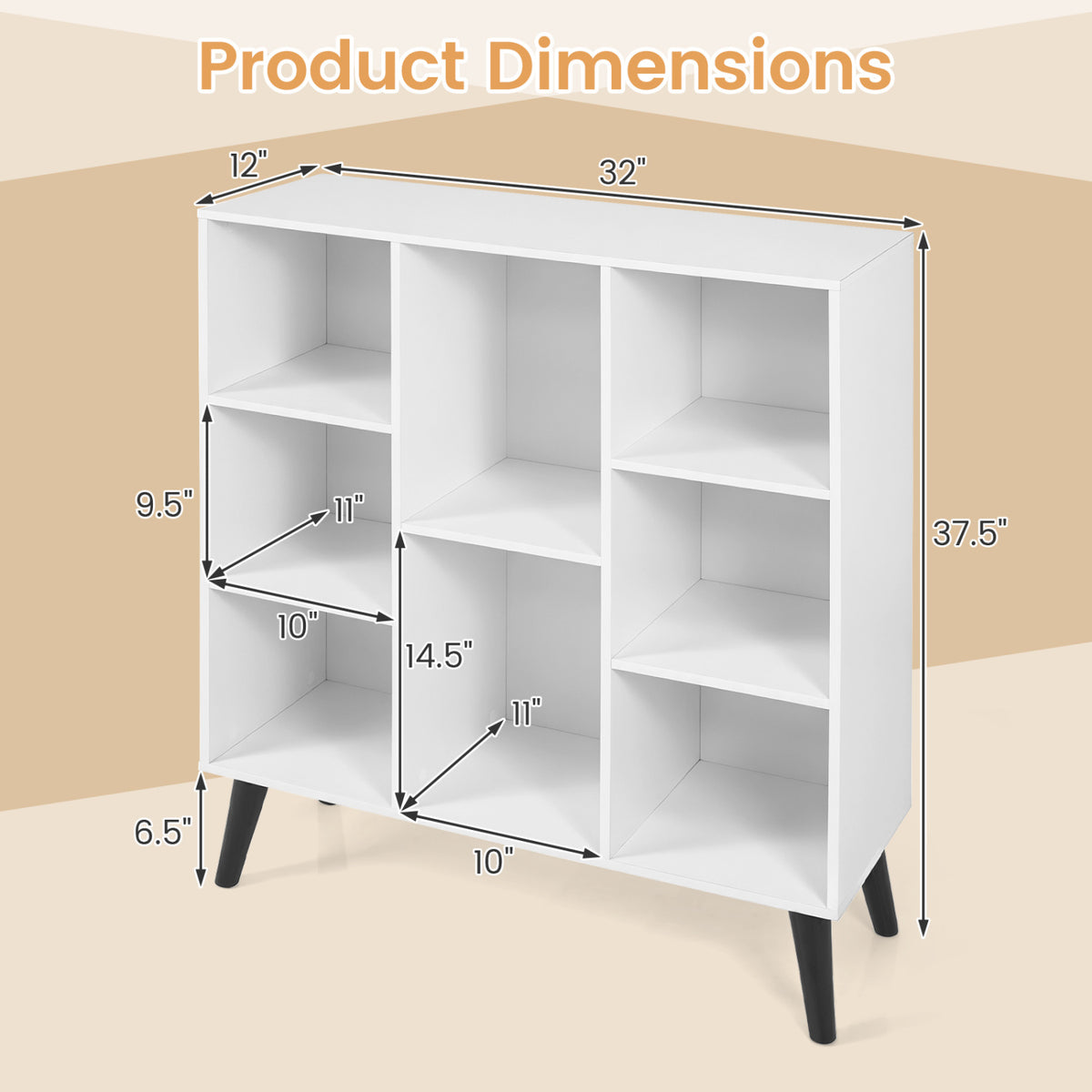 8-Cube Bookcase with Raised Support Legs for Living Room