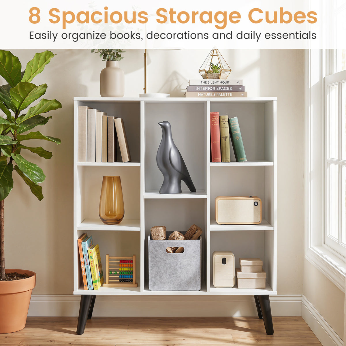 8-Cube Bookcase with Raised Support Legs for Living Room
