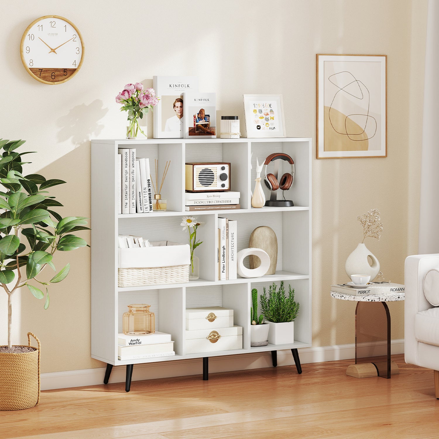 8-Cube Bookcase with 5 Tapered Metal Legs