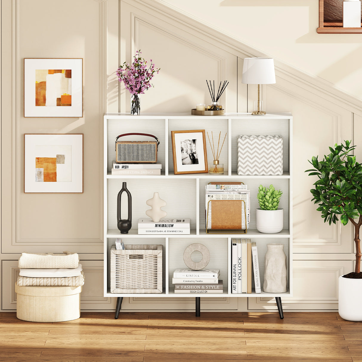 8-Cube Bookcase with 5 Tapered Metal Legs