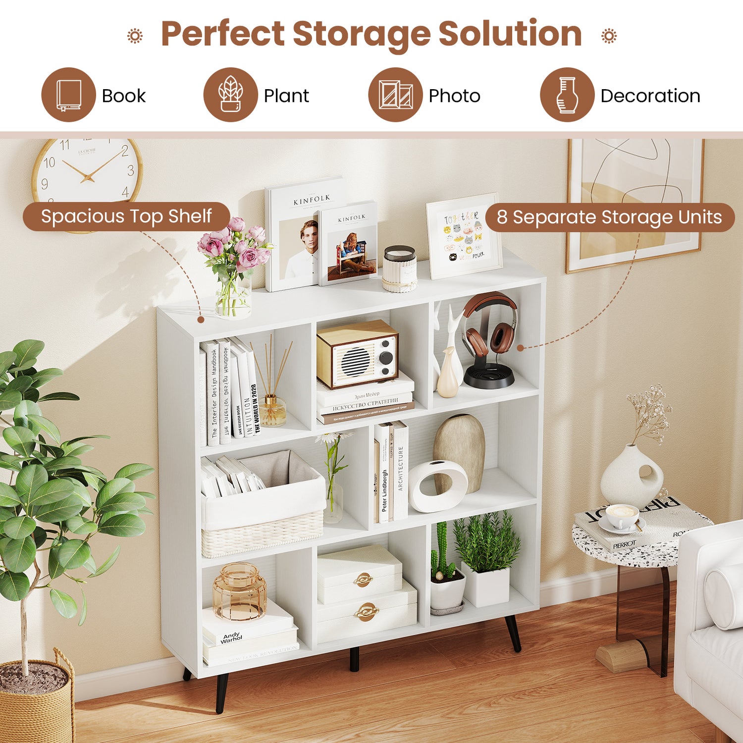 8-Cube Bookcase with 5 Tapered Metal Legs