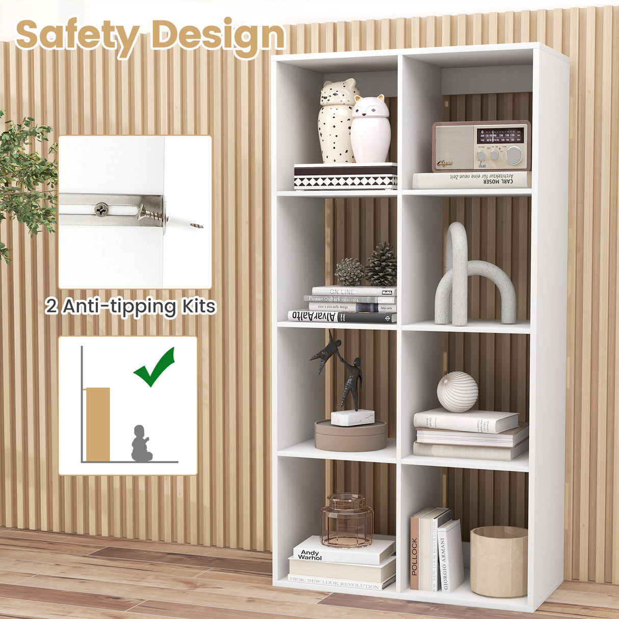 8 Cube Bookshelf with Back Guardrail for Living Room Bedroom-White