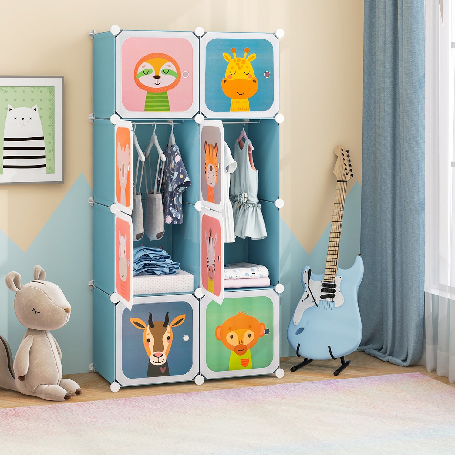 8 Cube Kids Wardrobe Closet with Hanging Section and Doors-8 Cubes