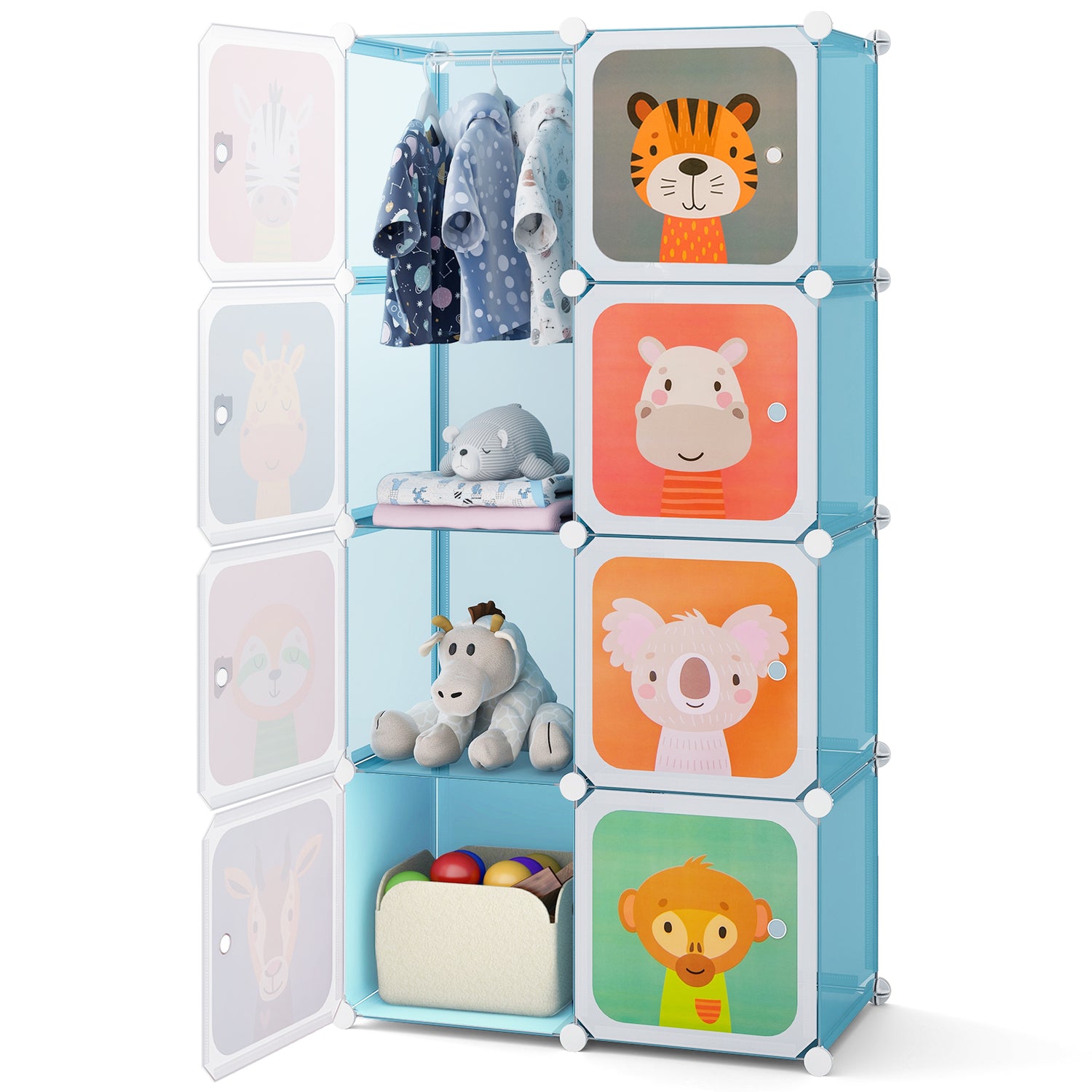 8 Cube Kids Wardrobe Closet with Hanging Section and Doors-8 Cubes