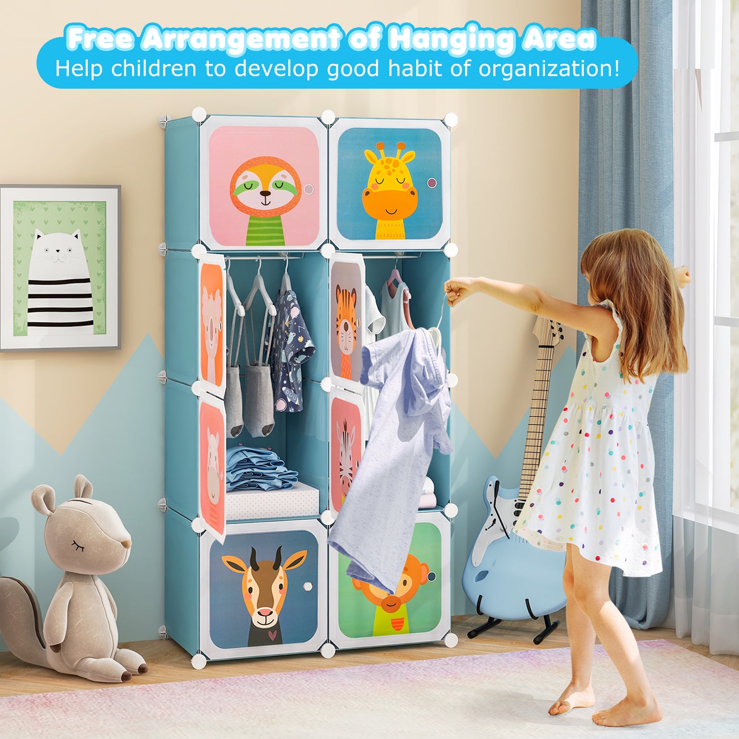 8 Cube Kids Wardrobe Closet with Hanging Section and Doors-8 Cubes