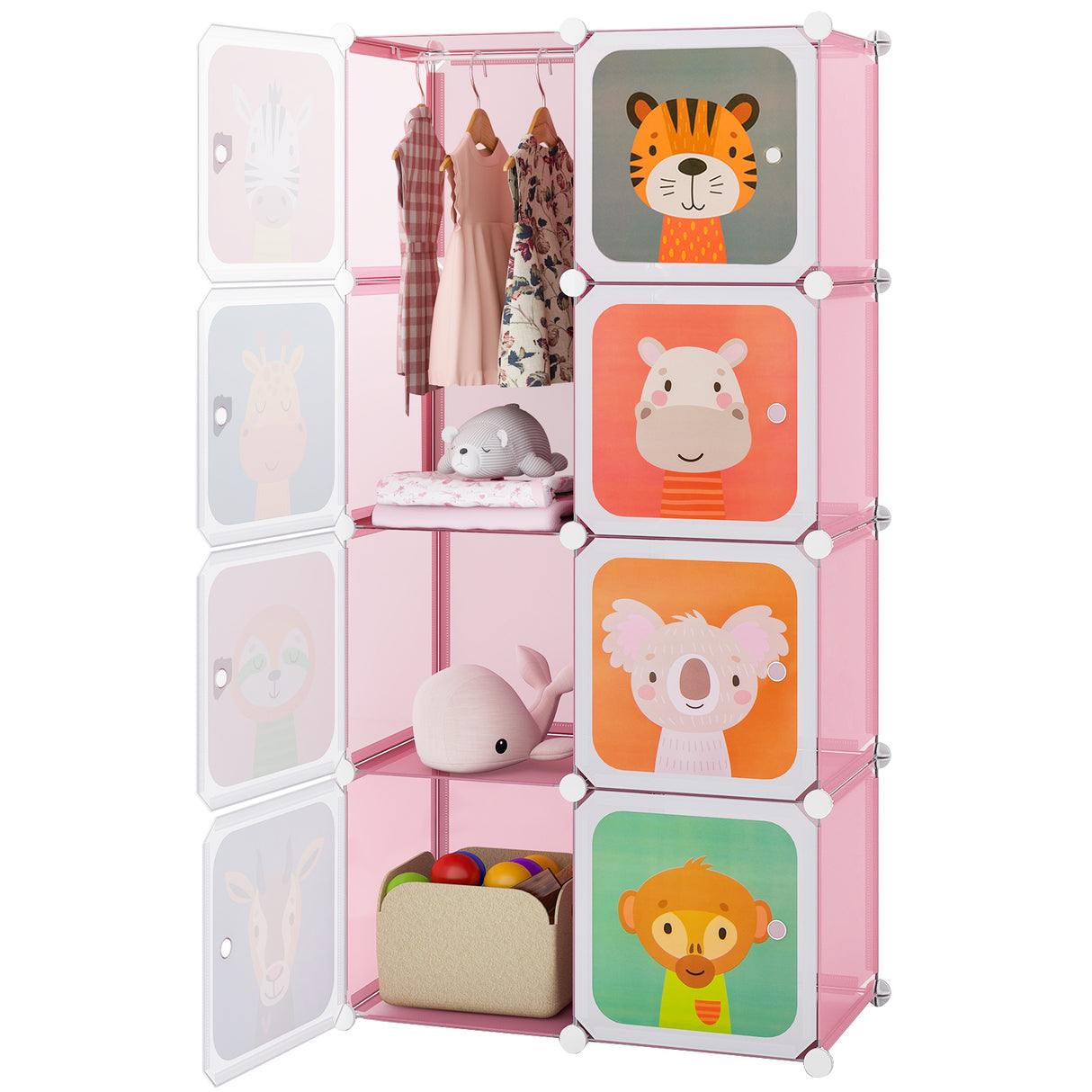 8 Cube Kids Wardrobe Closet with Hanging Section and Doors-8 Cubes
