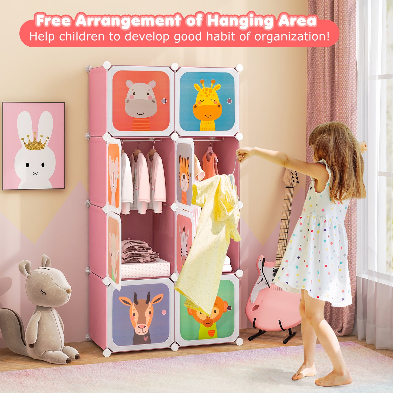 8 Cube Kids Wardrobe Closet with Hanging Section and Doors-8 Cubes