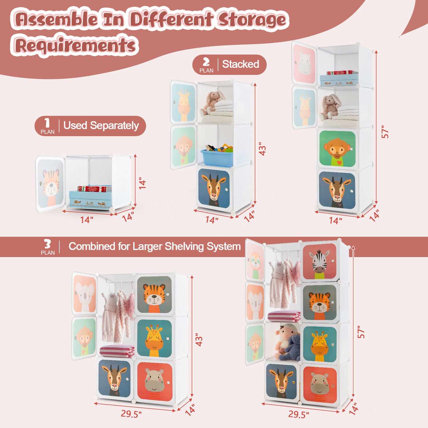 8 Cube Kids Wardrobe Closet with Hanging Section and Doors-8 Cubes