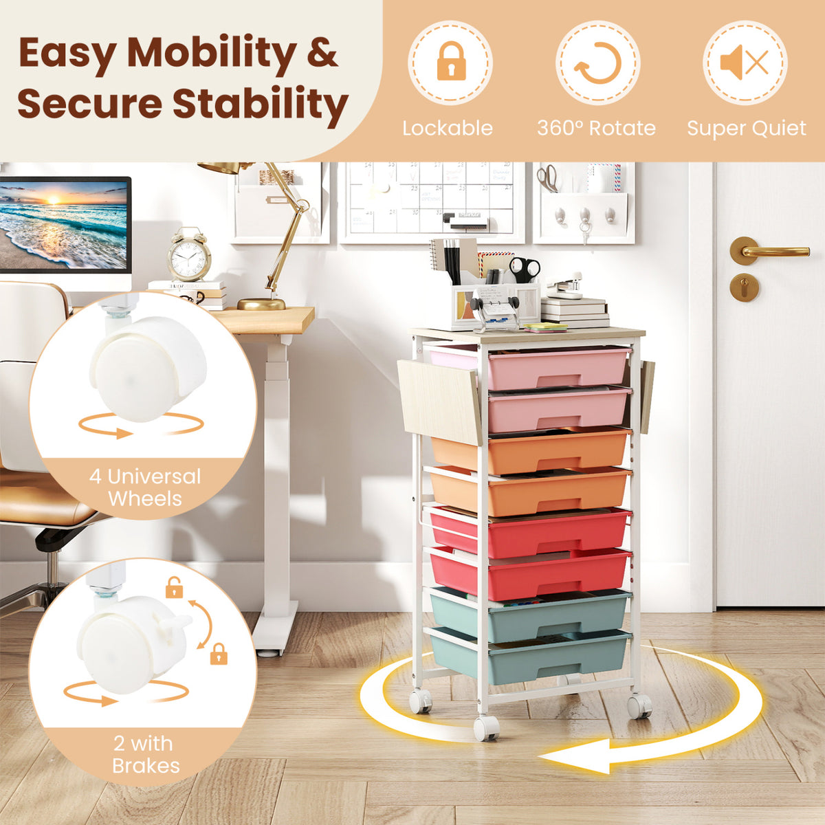 8-Drawer Rolling Cart with Wooden Tabletop and Folding Side Panels for Living Room-Macaron