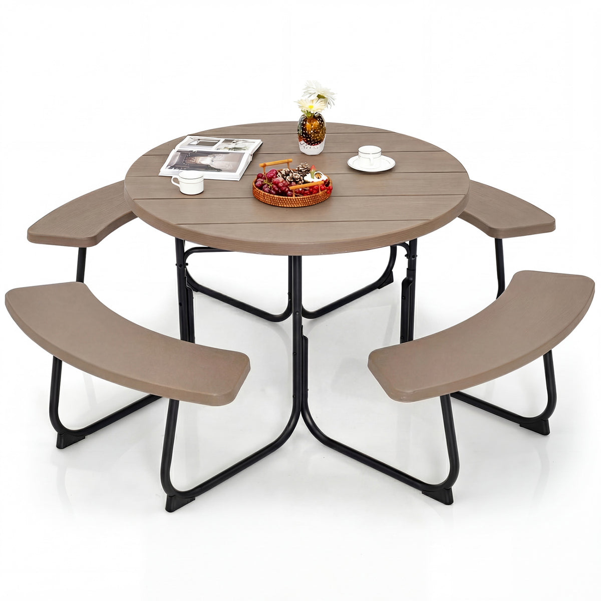 8-Person Outdoor Picnic Table and Bench Set with Umbrella Hole