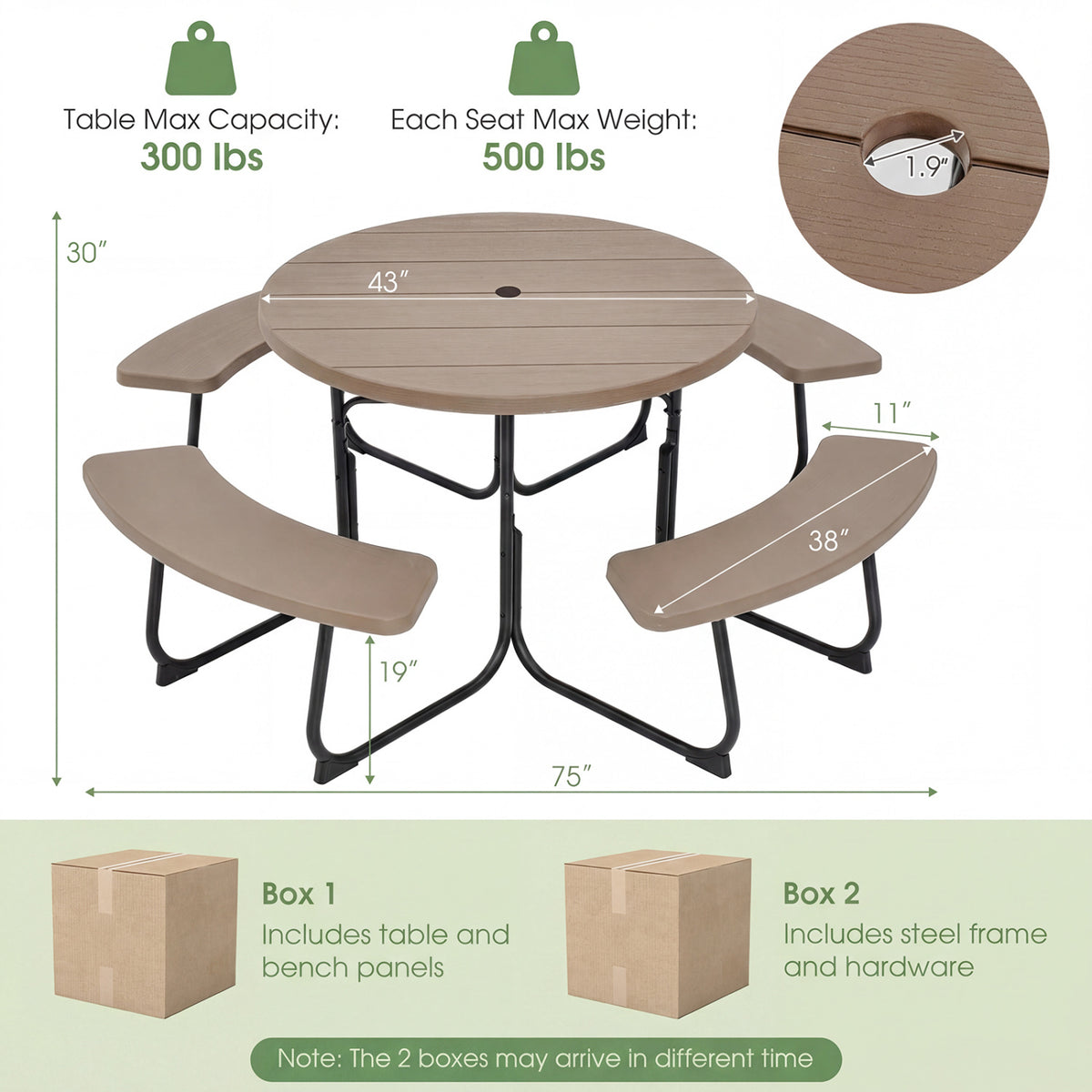 8-Person Outdoor Picnic Table and Bench Set with Umbrella Hole