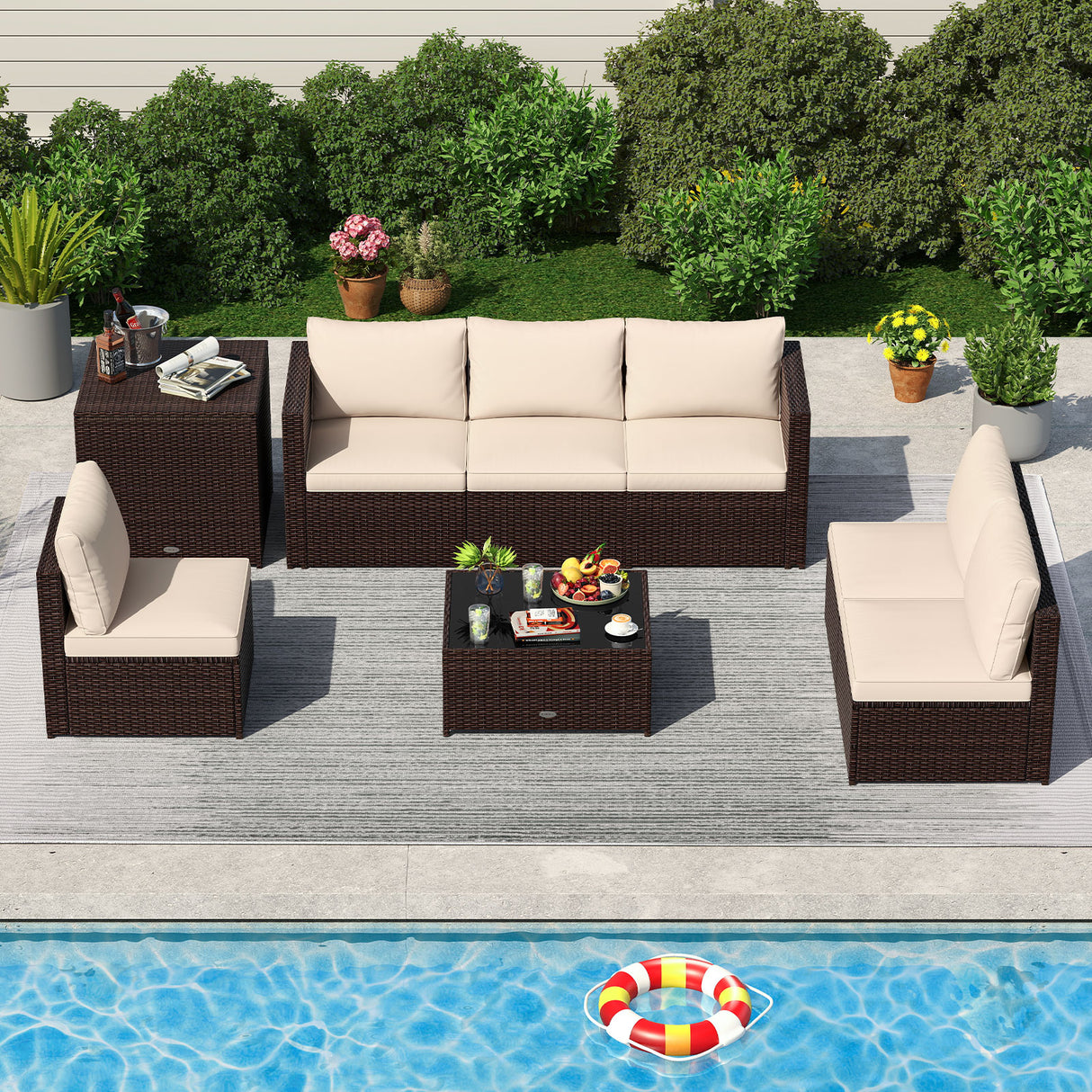 8 Piece Patio Furniture Set with Storage Box and Tempered Glass Coffee Table-Beige