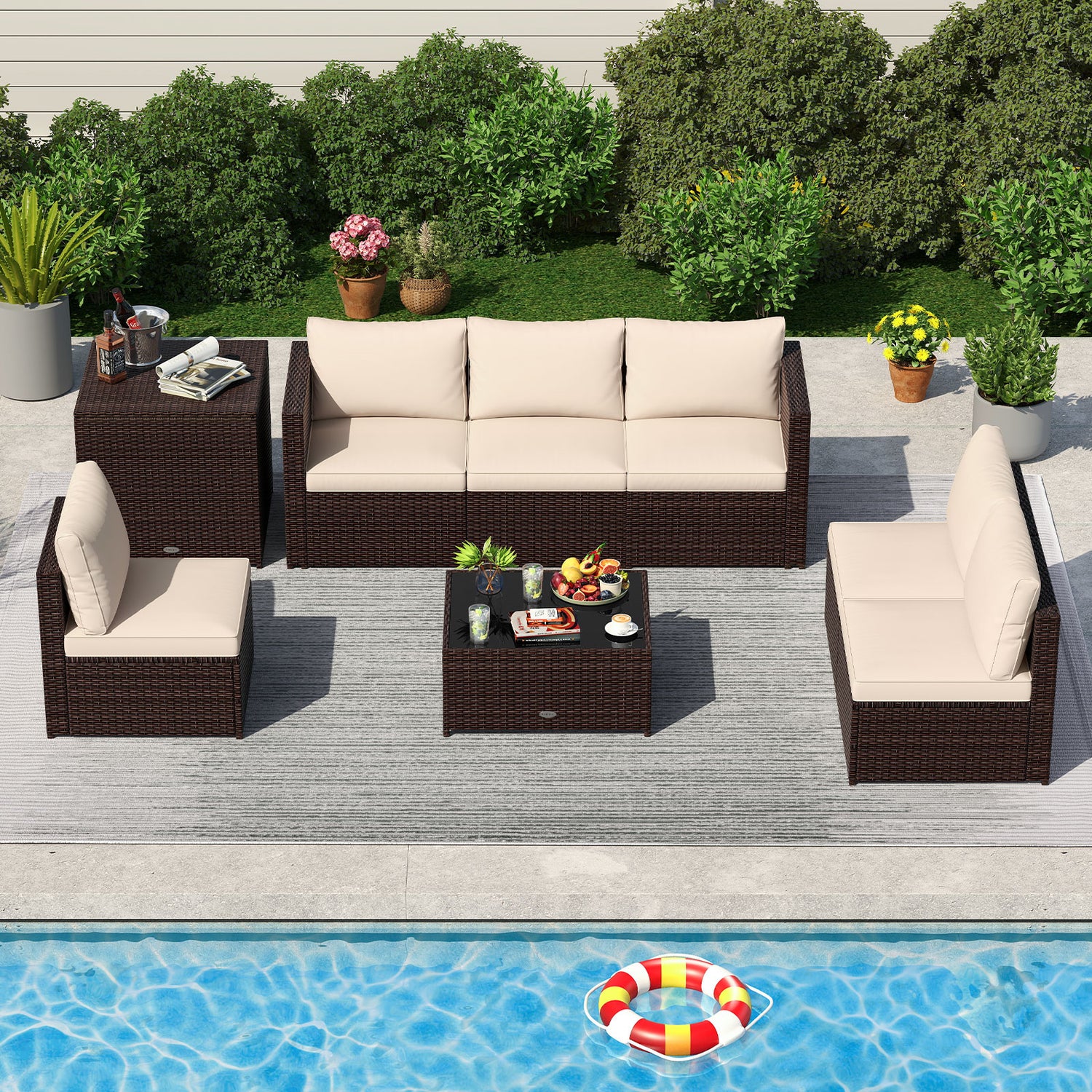 8 Piece Patio Furniture Set with Storage Box and Tempered Glass Coffee Table-Beige