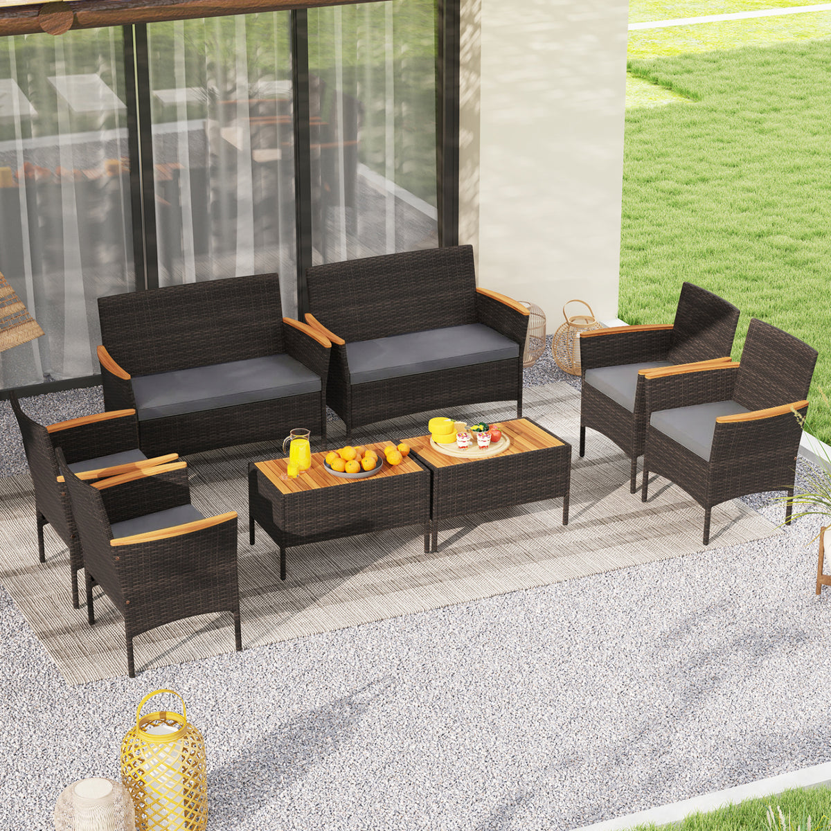8 Piece Patio Wicker Sofa Set 4 Rattan Chairs and 2 Loveseat with 2 Table