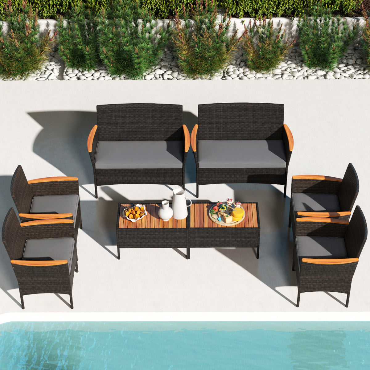 8 Piece Patio Wicker Sofa Set 4 Rattan Chairs and 2 Loveseat with 2 Table