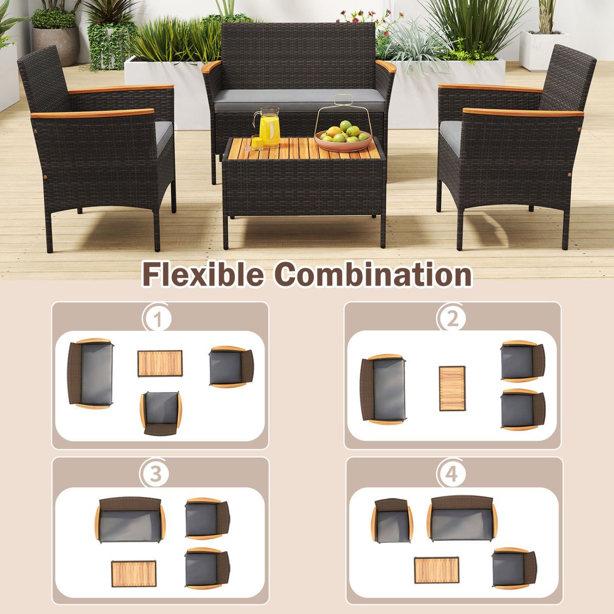 8 Piece Patio Wicker Sofa Set 4 Rattan Chairs and 2 Loveseat with 2 Table