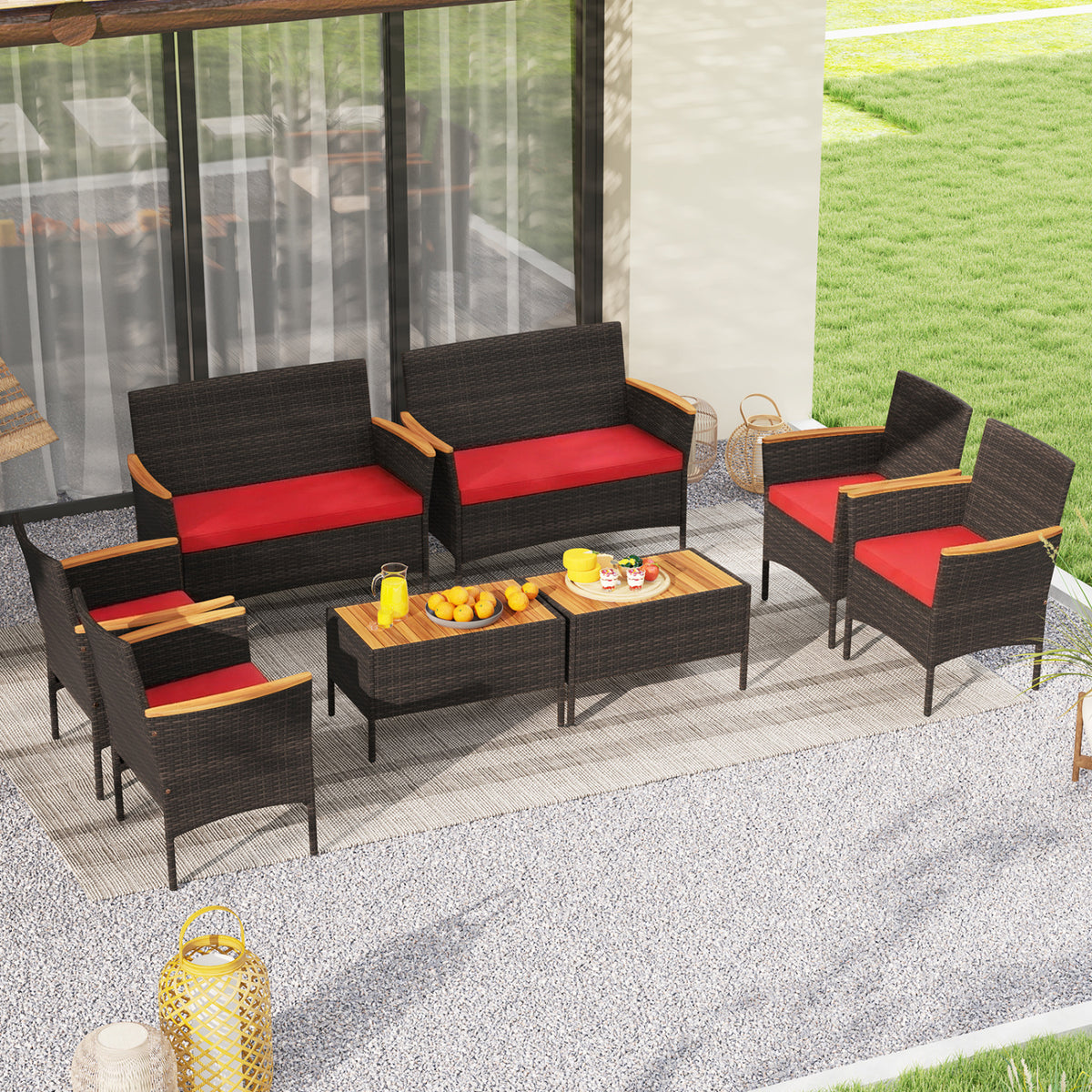 8 Piece Patio Wicker Sofa Set 4 Rattan Chairs and 2 Loveseat with 2 Table