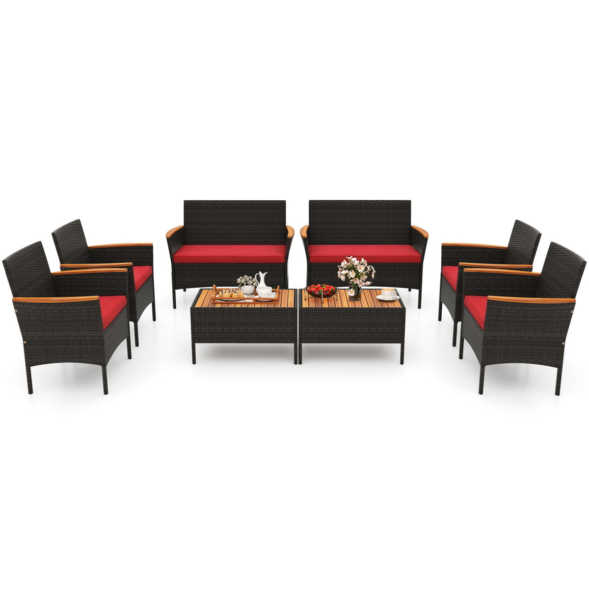 8 Piece Patio Wicker Sofa Set 4 Rattan Chairs and 2 Loveseat with 2 Table
