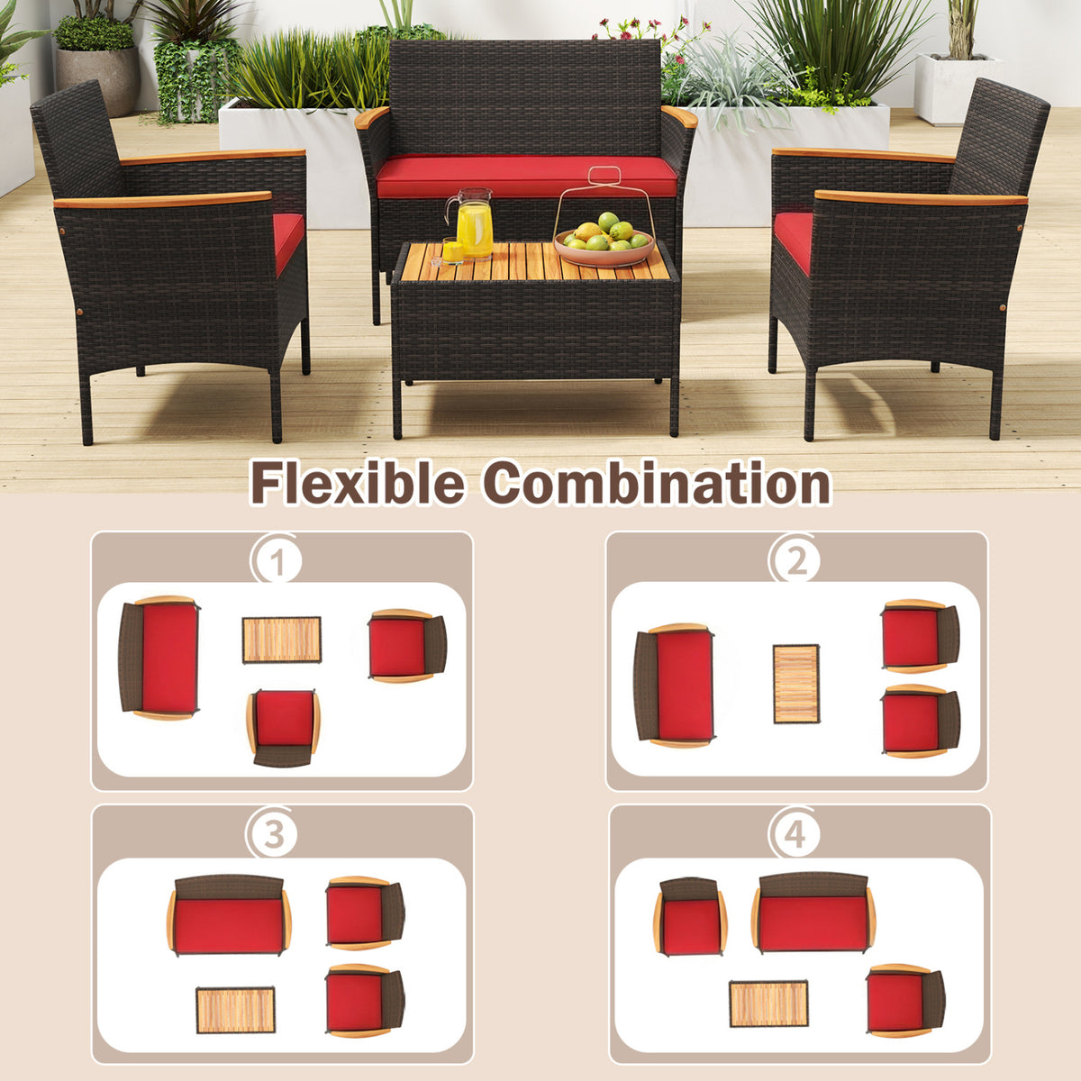 8 Piece Patio Wicker Sofa Set 4 Rattan Chairs and 2 Loveseat with 2 Table