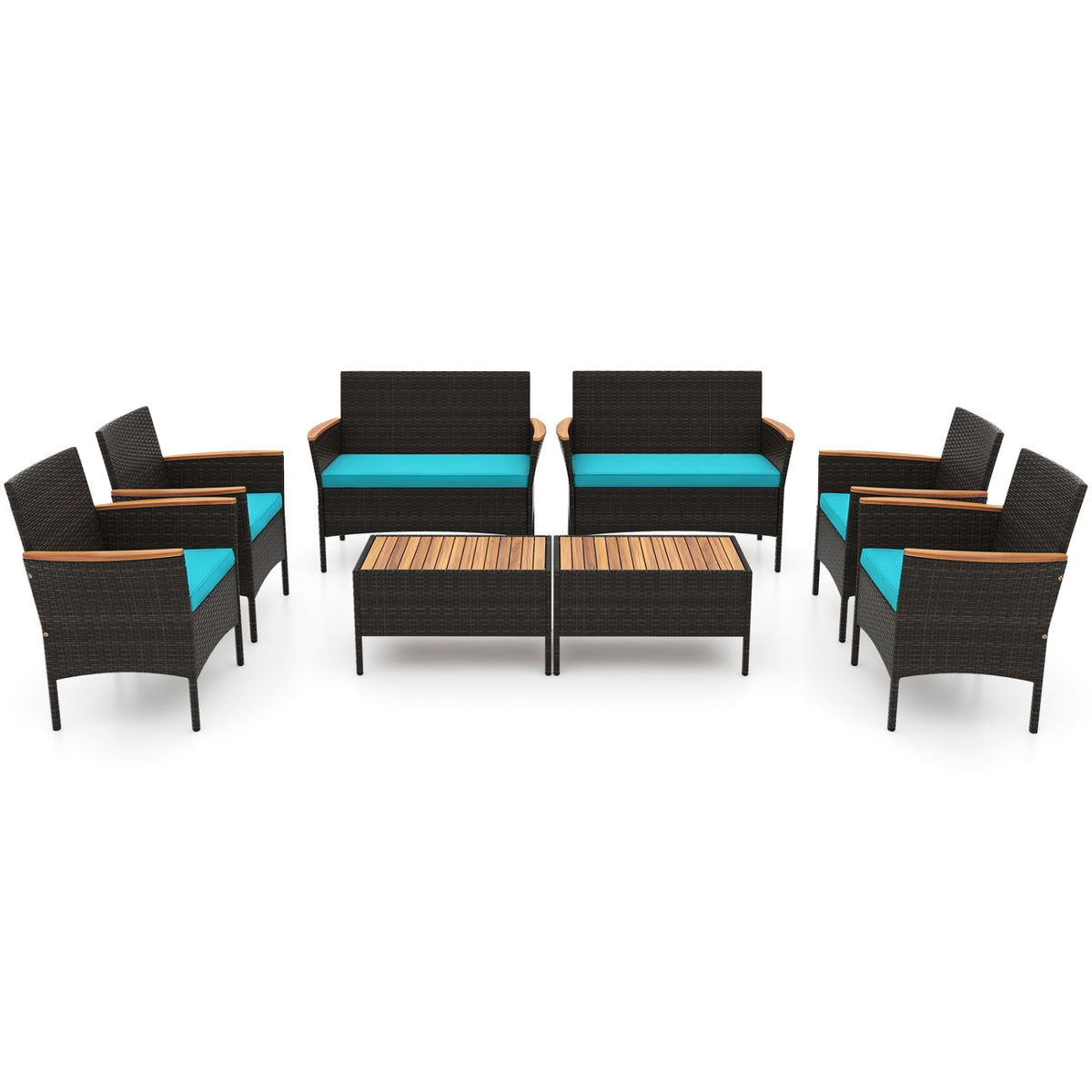 8 Piece Patio Wicker Sofa Set 4 Rattan Chairs and 2 Loveseat with 2 Table