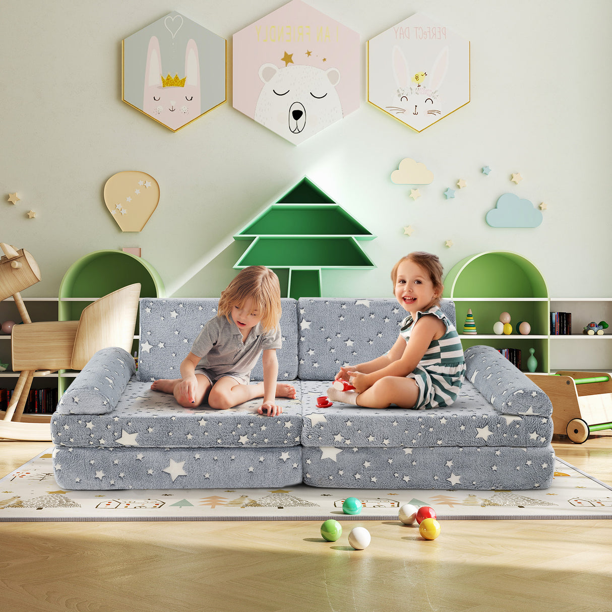 8 Pieces Modular Kids Play Couch Glow in the Dark Toddler Sectional Sofa