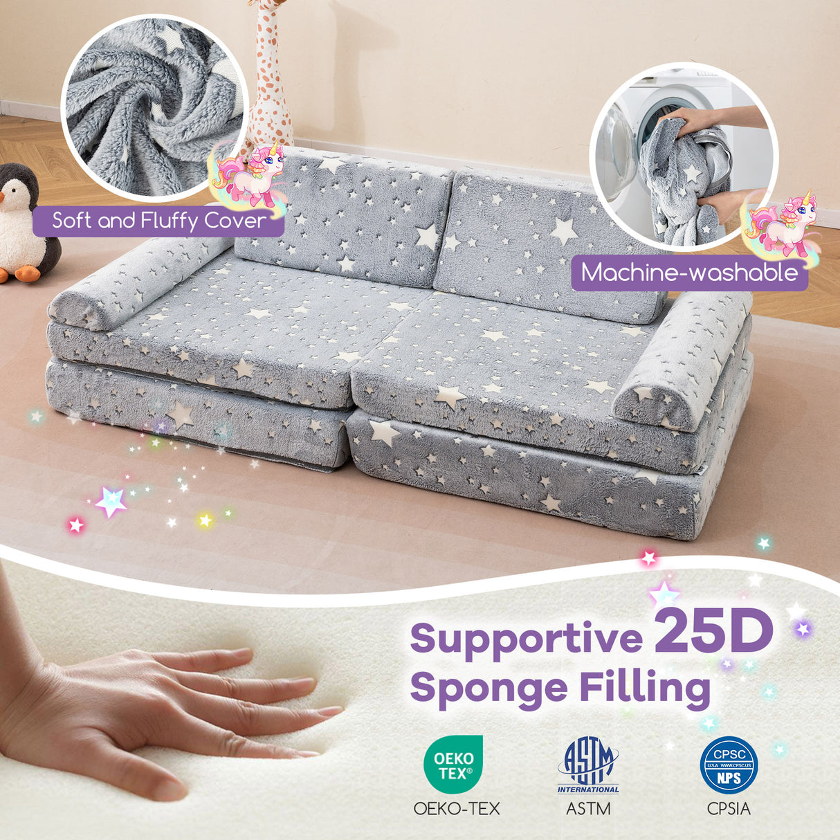 8 Pieces Modular Kids Play Couch Glow in the Dark Toddler Sectional Sofa