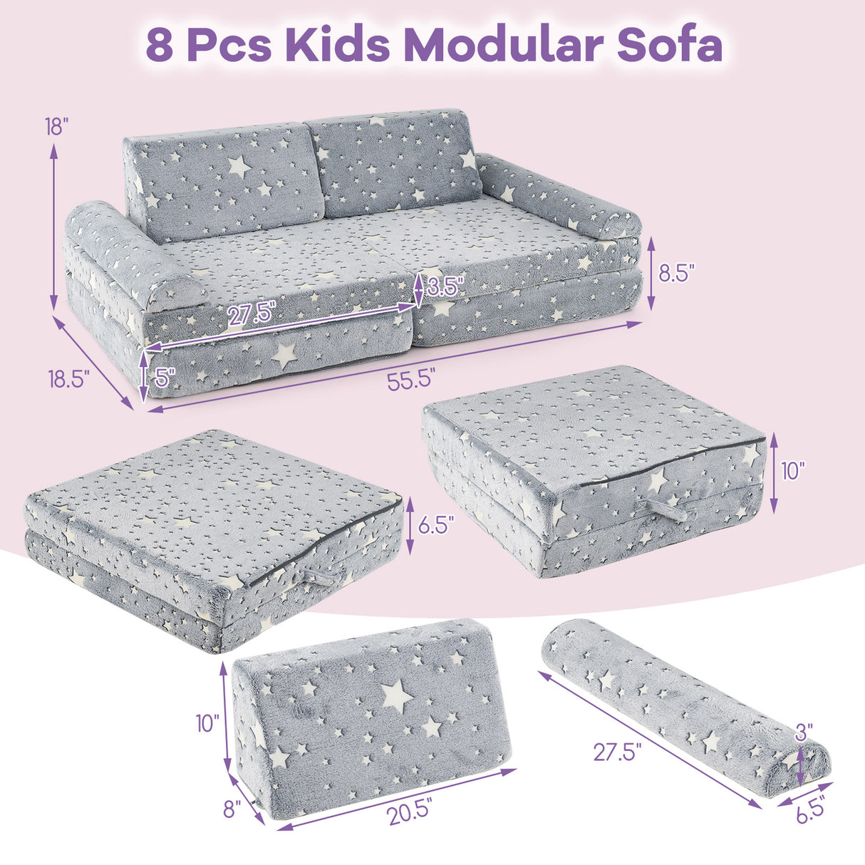 8 Pieces Modular Kids Play Couch Glow in the Dark Toddler Sectional Sofa