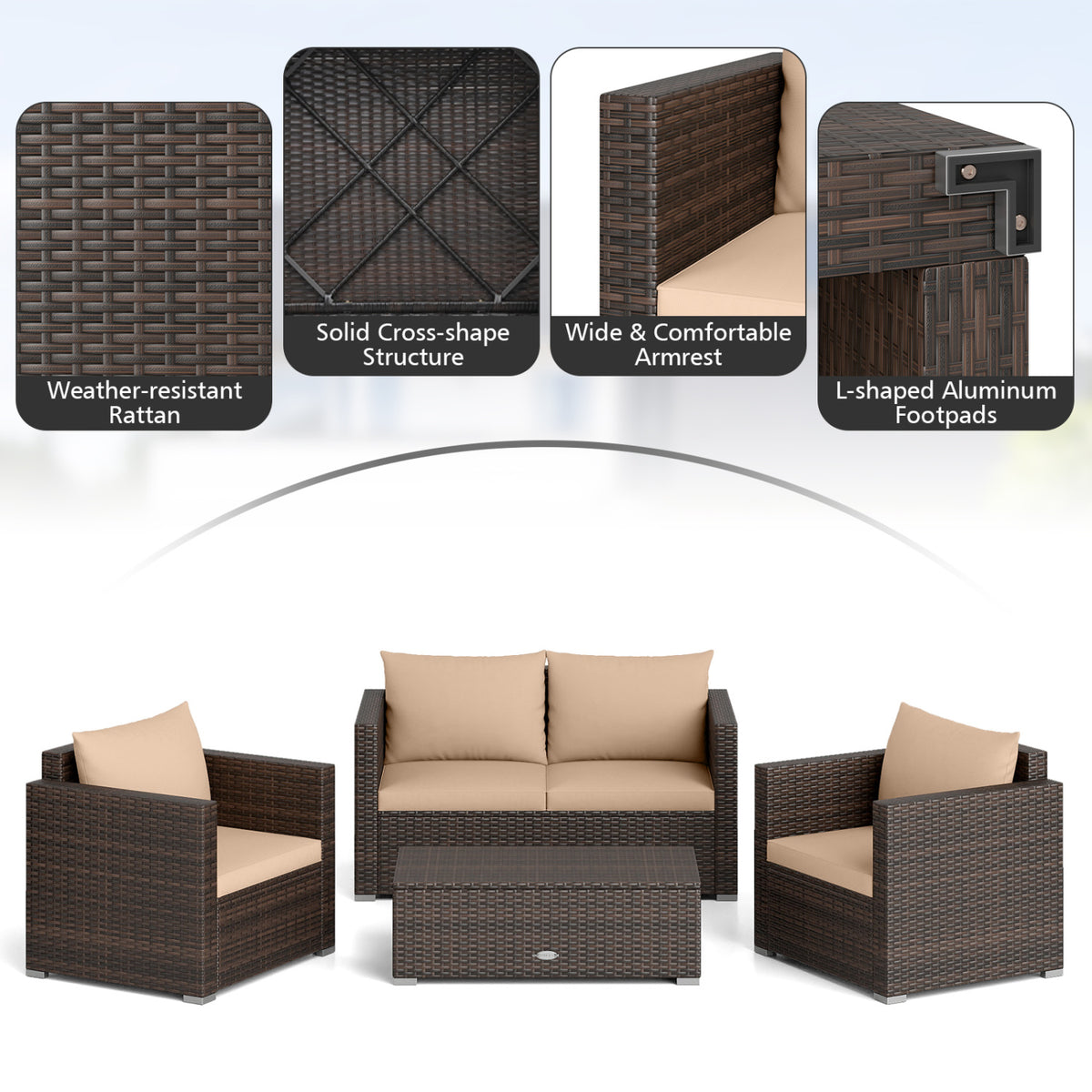 8 Pieces Patio Rattan Conversation Set with Padded Cushions-Brown