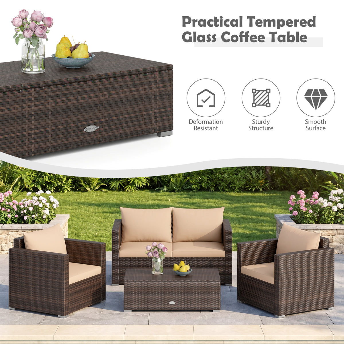8 Pieces Patio Rattan Conversation Set with Padded Cushions-Brown