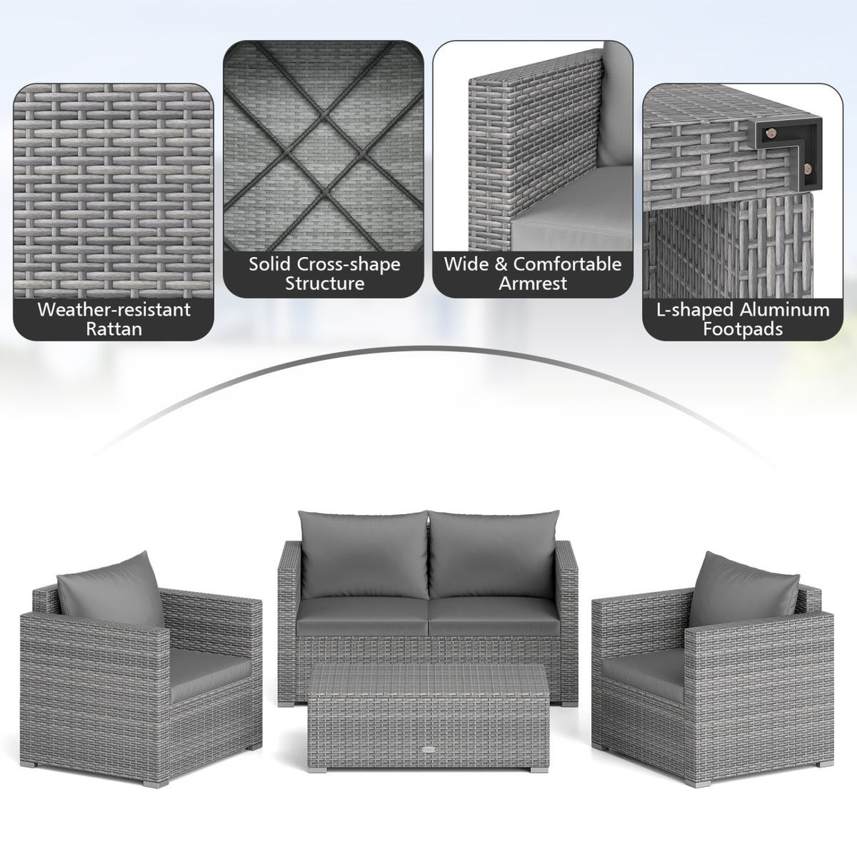 8 Pieces Patio Rattan Conversation Set with Padded Cushions for Yard-Gray