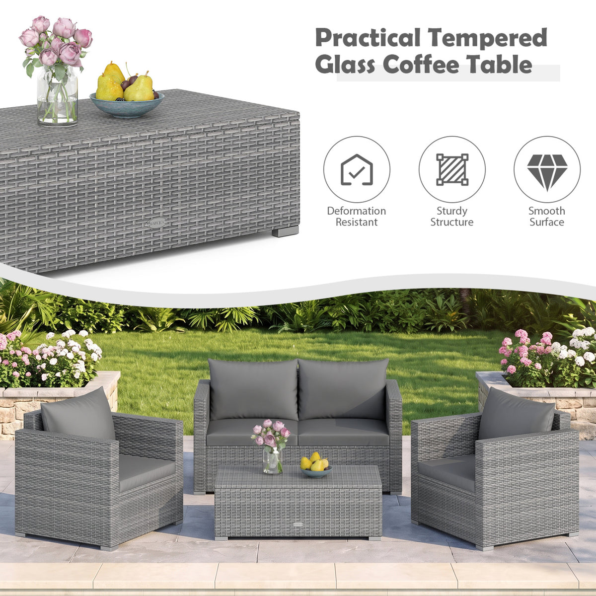 8 Pieces Patio Rattan Conversation Set with Padded Cushions for Yard-Gray