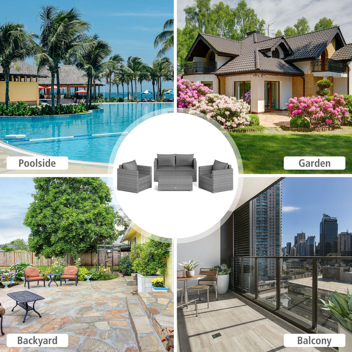 8 Pieces Patio Rattan Conversation Set with Padded Cushions for Yard-Gray