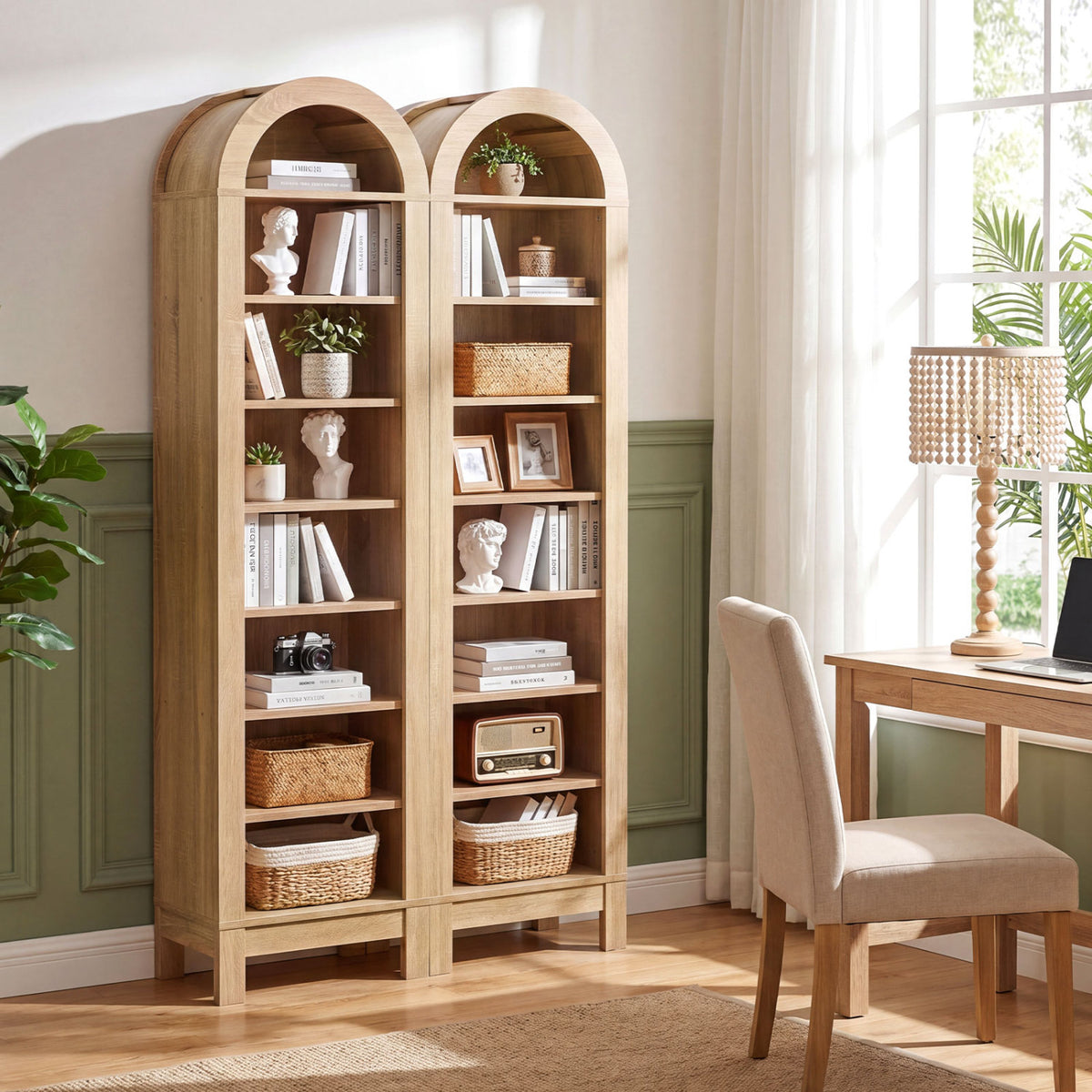 8-Tier Modern Arch Bookshelf with 3 Adjustable Shelves-Natural