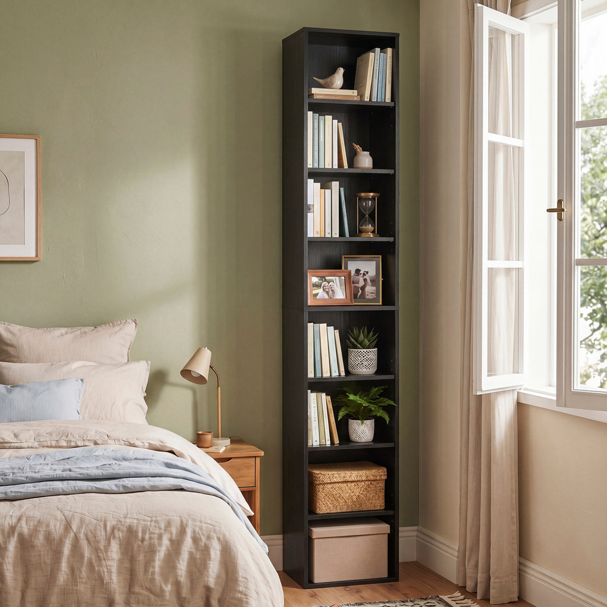 8-Tier Narrow Bookshelf with 4 Adjustable Shelves and Storage Cubes
