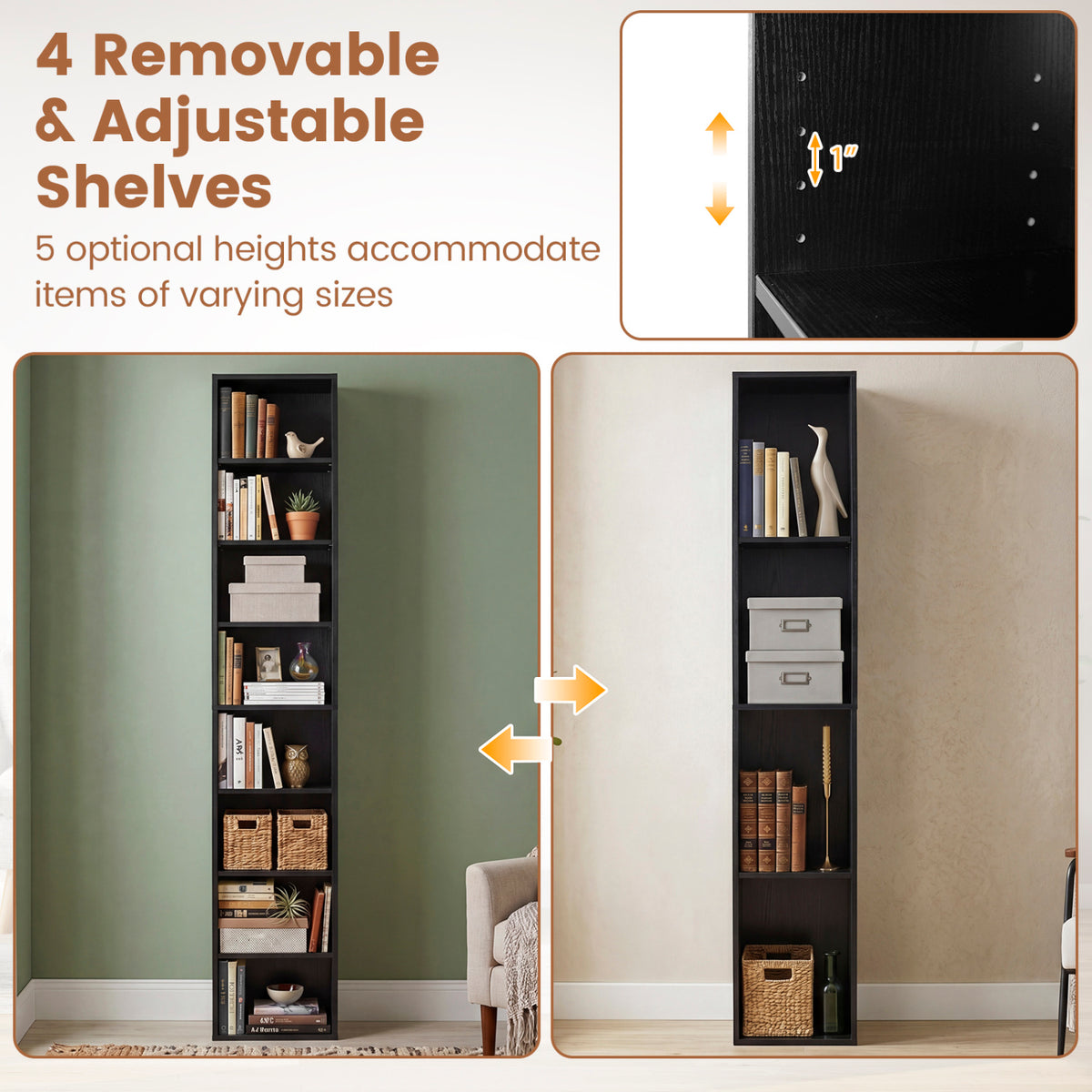 8-Tier Narrow Bookshelf with 4 Adjustable Shelves and Storage Cubes