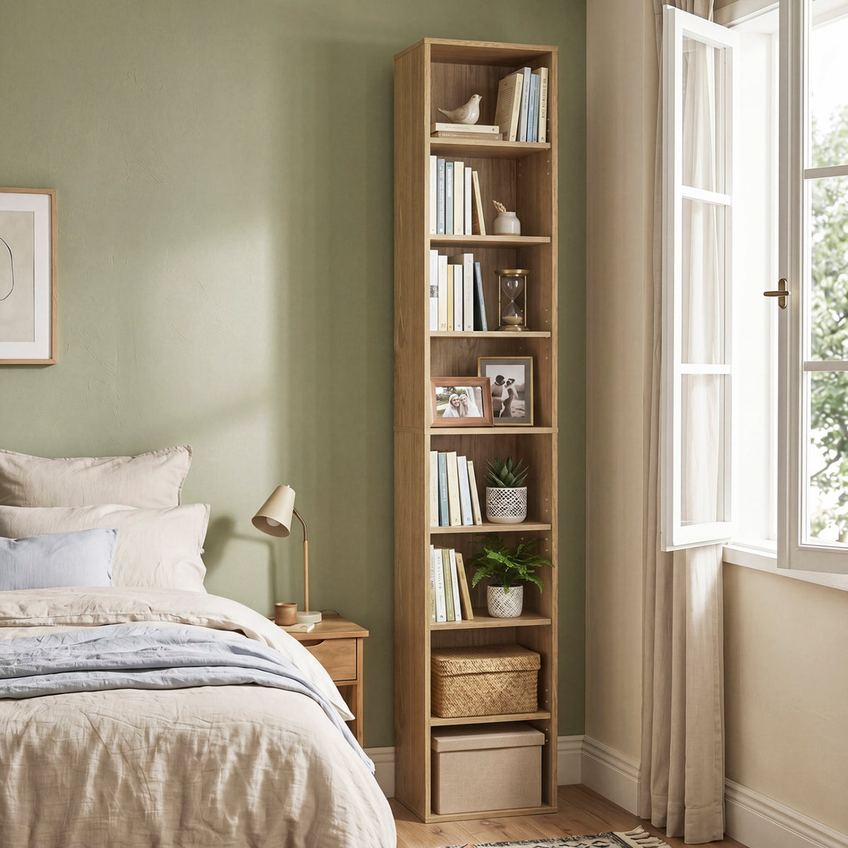 8-Tier Narrow Bookshelf with 4 Adjustable Shelves and Storage Cubes