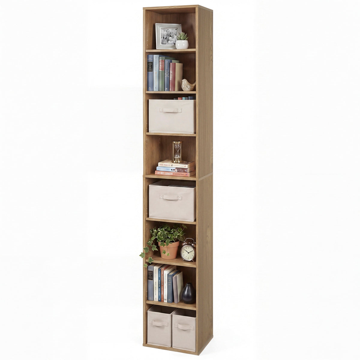 8-Tier Narrow Bookshelf with 4 Adjustable Shelves and Storage Cubes