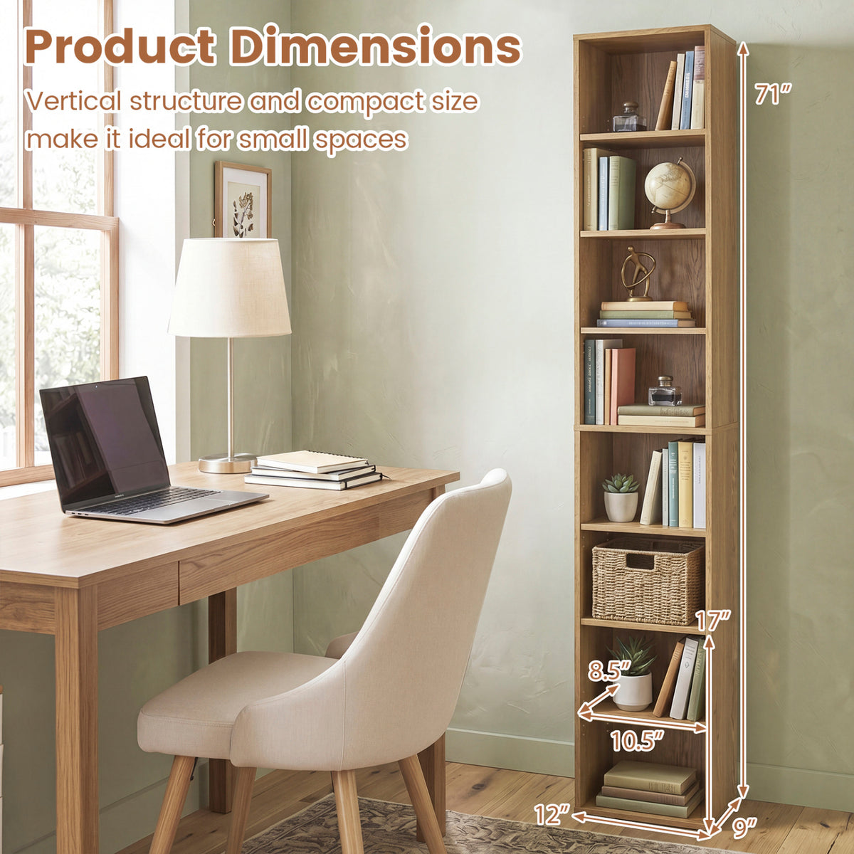 8-Tier Narrow Bookshelf with 4 Adjustable Shelves and Storage Cubes
